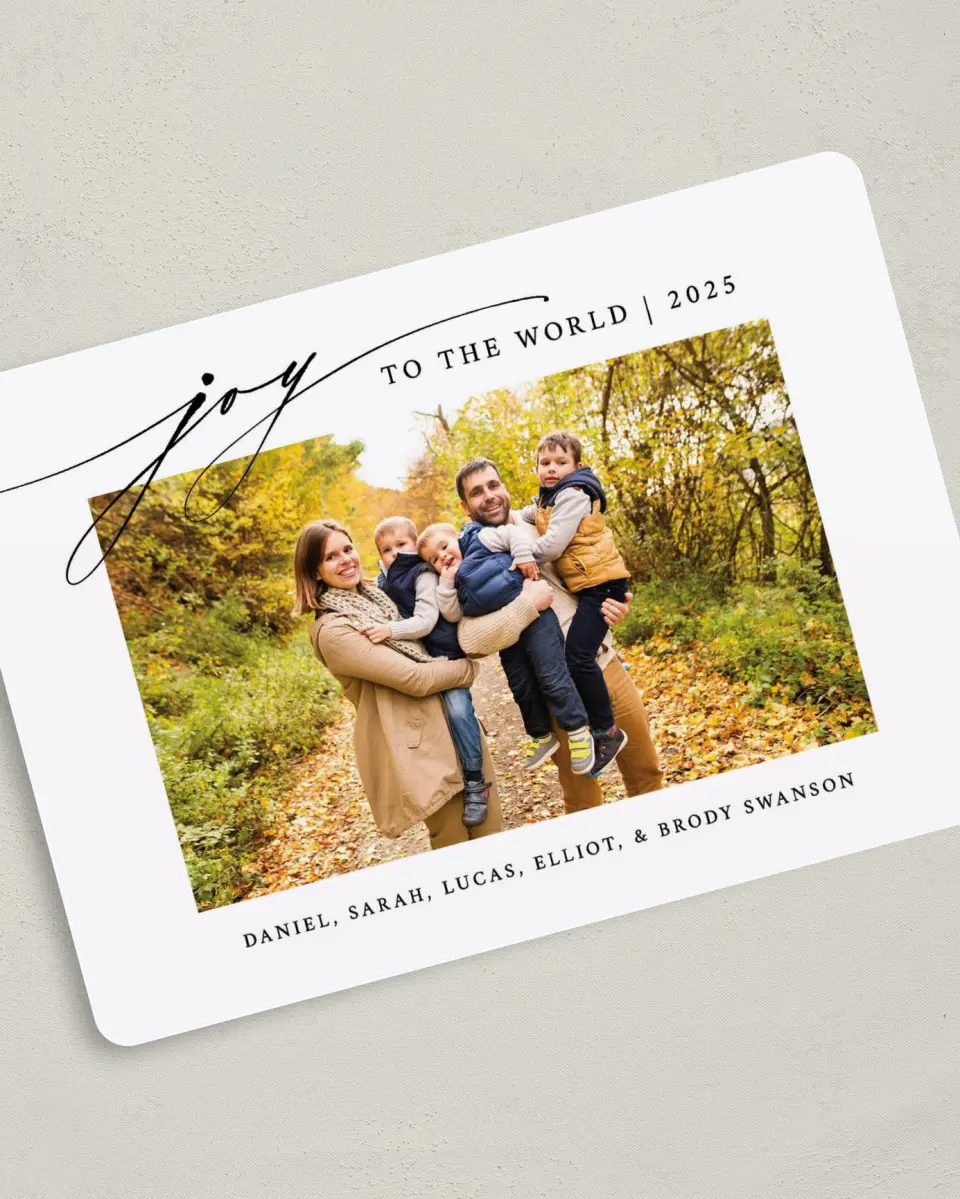 This is a 5" x 7" Christmas Card called Joy to the World printed in full color on Premium Smooth paper