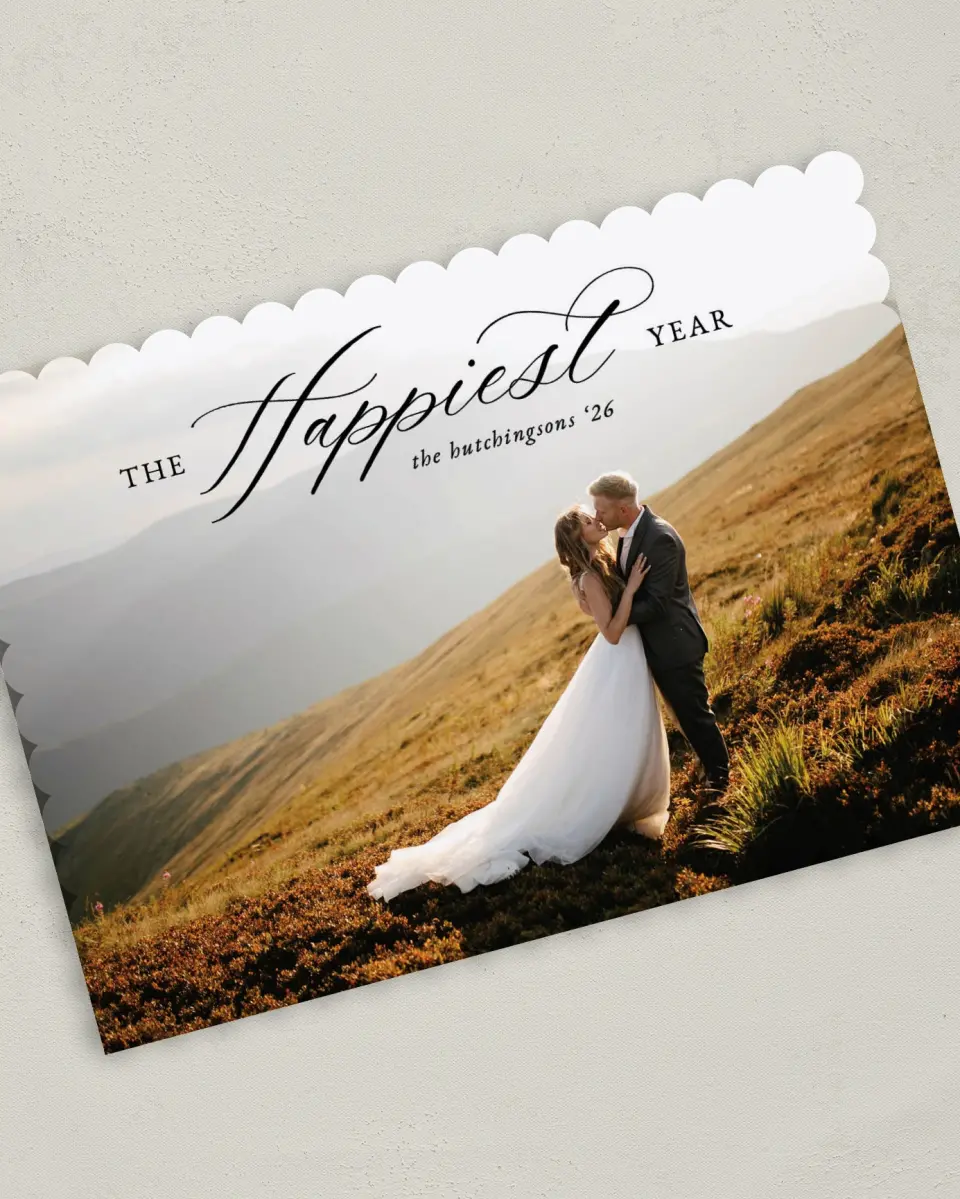 This is a 5" x 7" Christmas Card called Happiest Year printed in full color on Premium Smooth paper on Premium Smooth paper on Premium Smooth paper