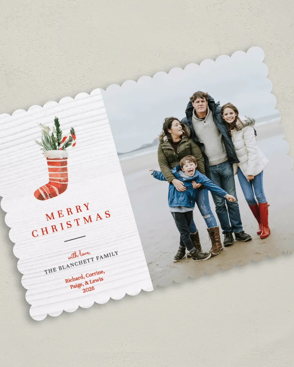 This is a 5" x 7" Christmas Card called Merry Stocking printed in full color on Premium Smooth paper on Premium Smooth paper on Premium Smooth paper