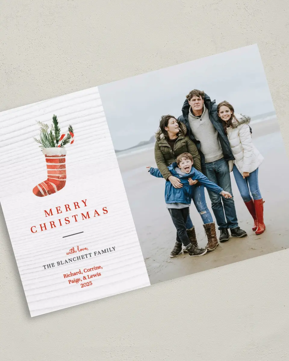This is a 5" x 7" Christmas Card called Merry Stocking printed in full color on Premium Smooth paper