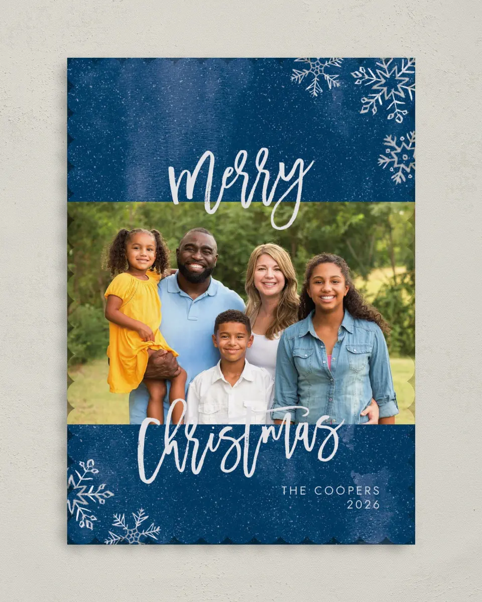 This is a 5" x 7" Christmas Card called Fresh Snowfall printed in full color on Premium Smooth paper on Premium Smooth paper on Premium Smooth paper