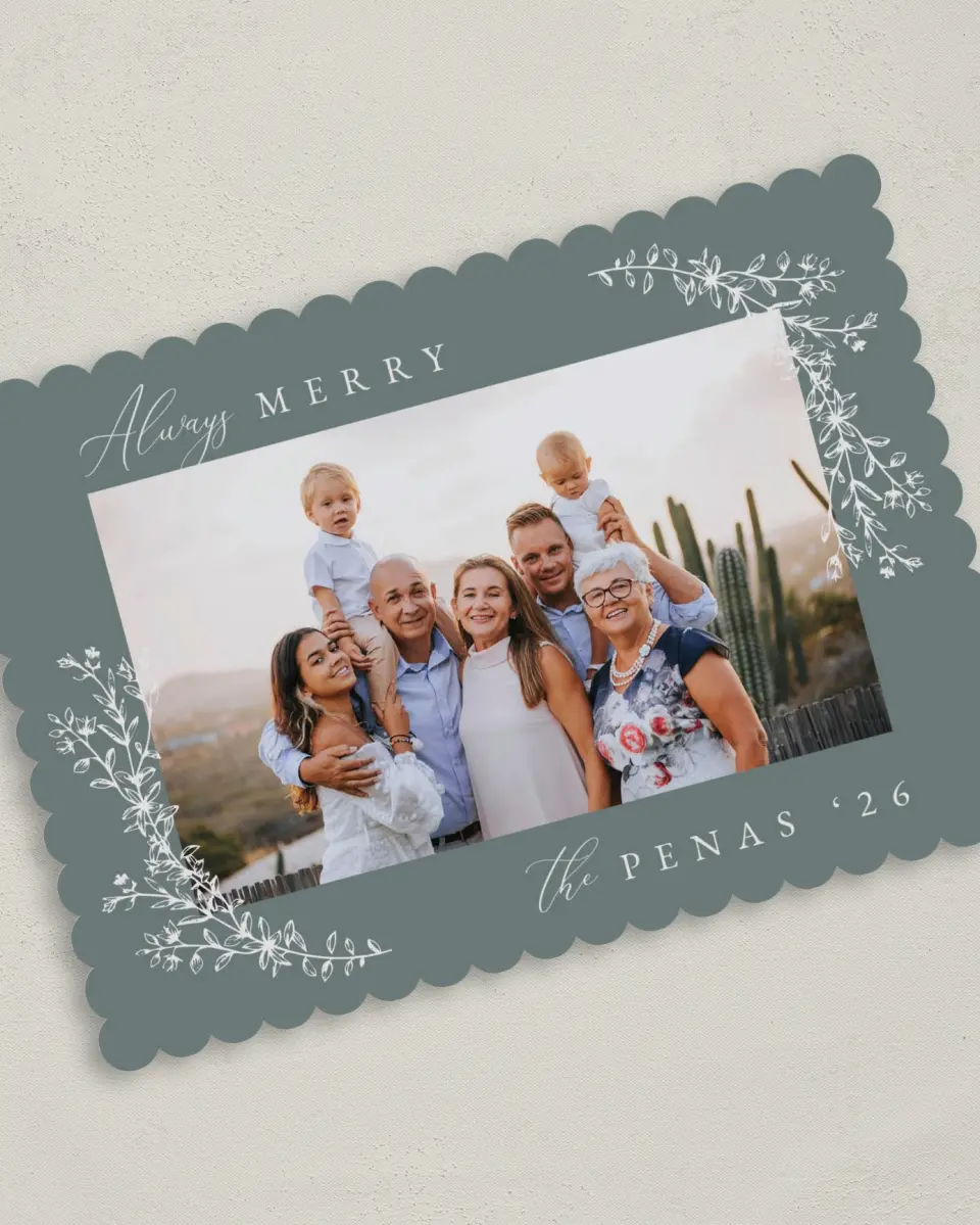 This is a 5" x 7" Christmas Card called Always Merry printed in full color on Premium Smooth paper on Premium Smooth paper on Premium Smooth paper