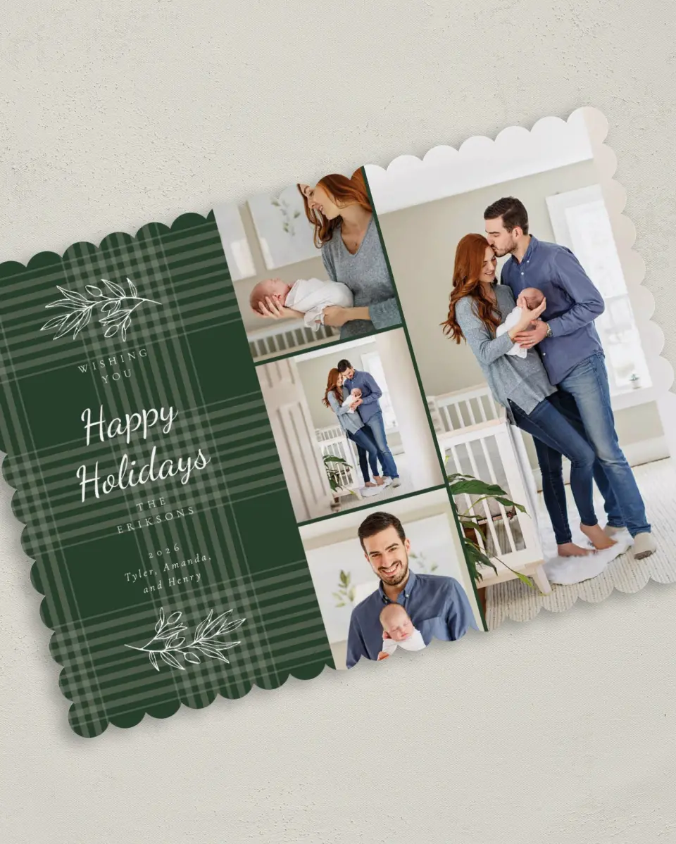 This is a 5" x 7" Christmas Card called Holiday Plaid printed in full color on Premium Smooth paper on Premium Smooth paper on Premium Smooth paper