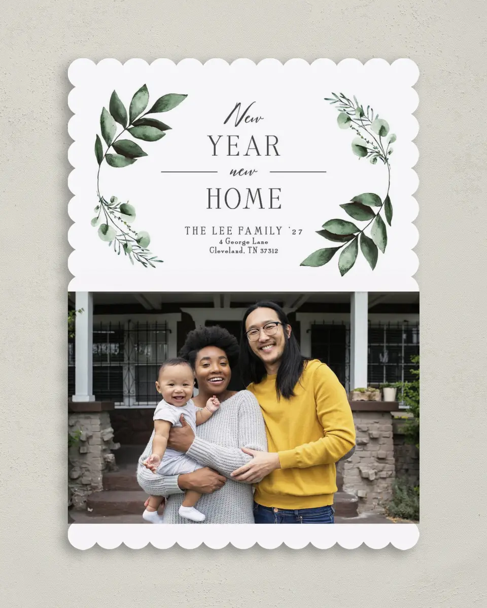 This is a 5" x 7" Christmas Card called New Home Greetings printed in full color on Premium Smooth paper on Premium Smooth paper on Premium Smooth paper