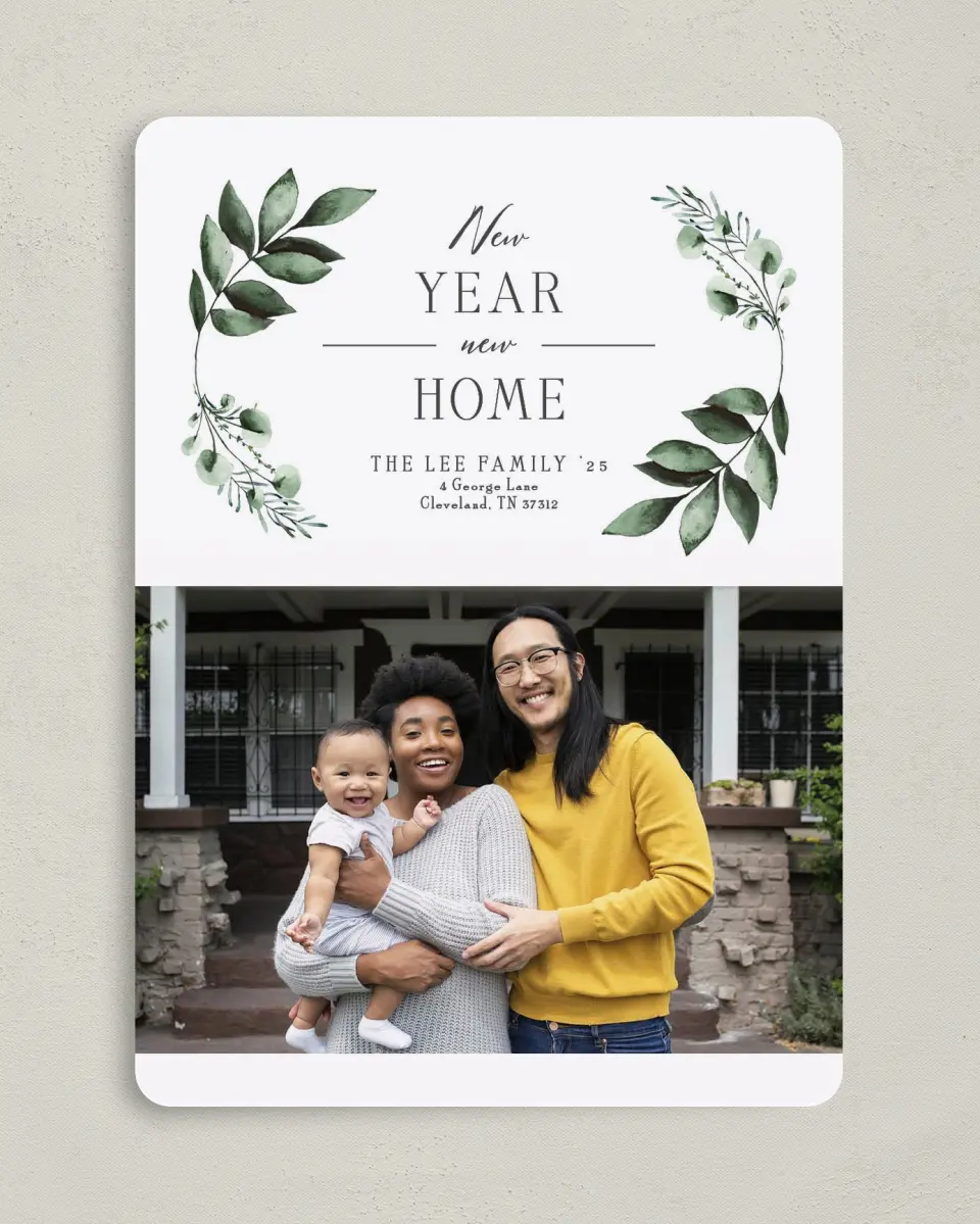 This is a 5" x 7" Christmas Card called New Home Greetings printed in full color on Premium Smooth paper