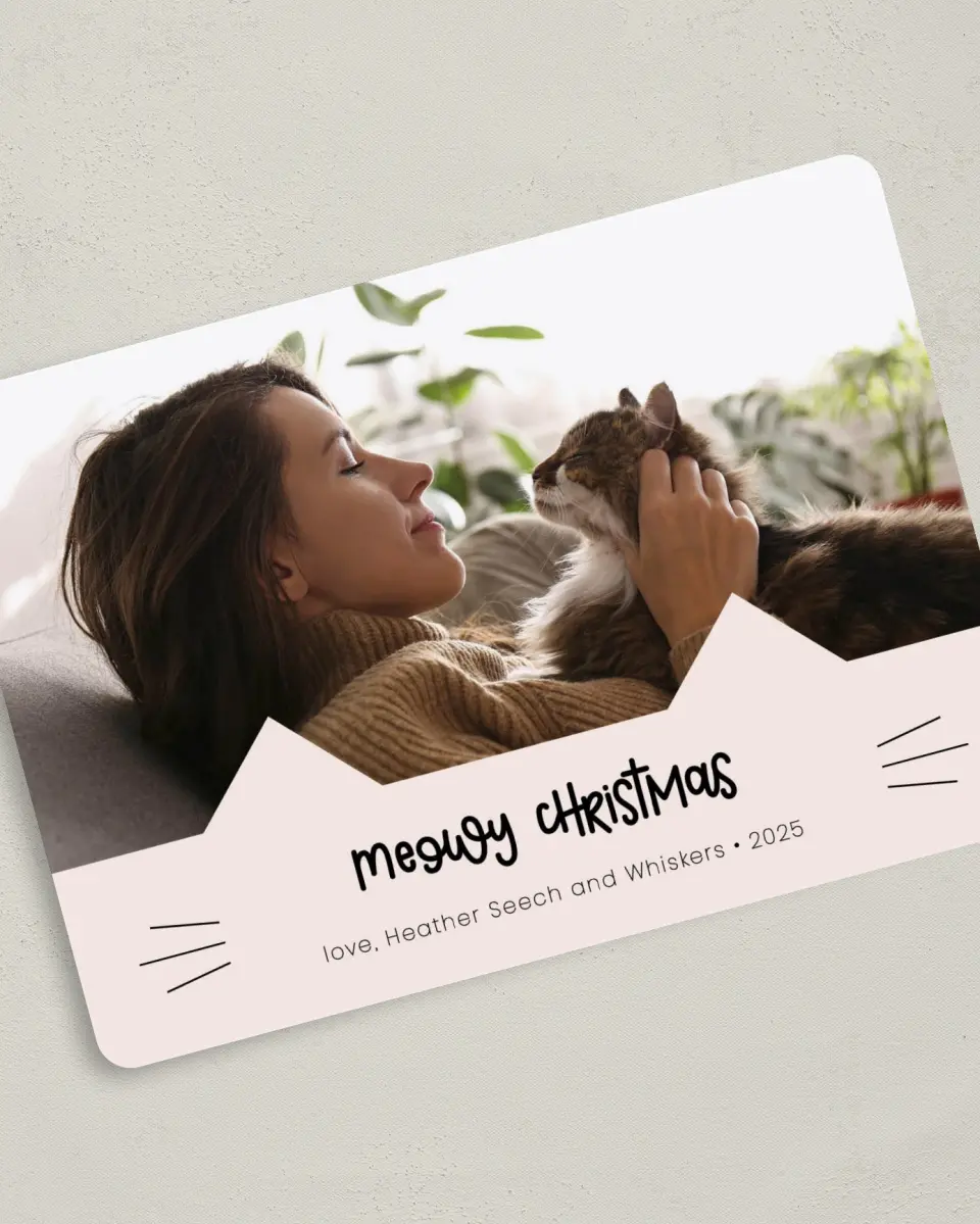 This is a 5" x 7" Christmas Card called Meowy Christmas printed in full color on Premium Smooth paper