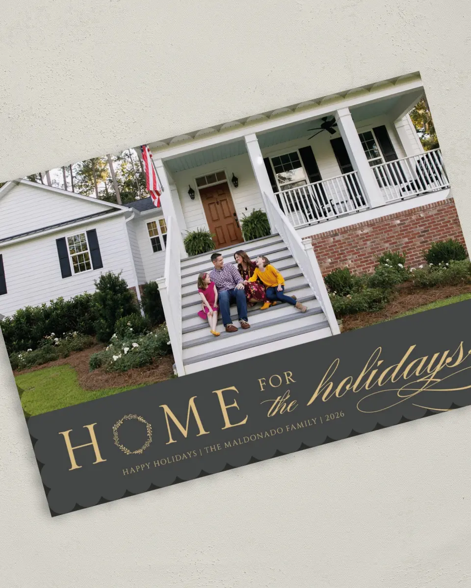 This is a 5" x 7" Christmas Card called Holiday Home printed in full color on Premium Smooth paper on Premium Smooth paper on Premium Smooth paper