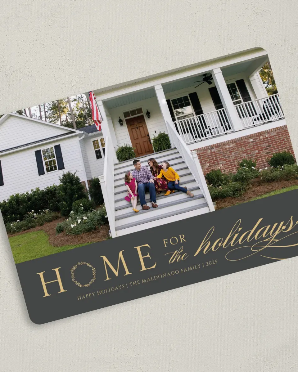This is a 5" x 7" Christmas Card called Holiday Home printed in full color on Premium Smooth paper