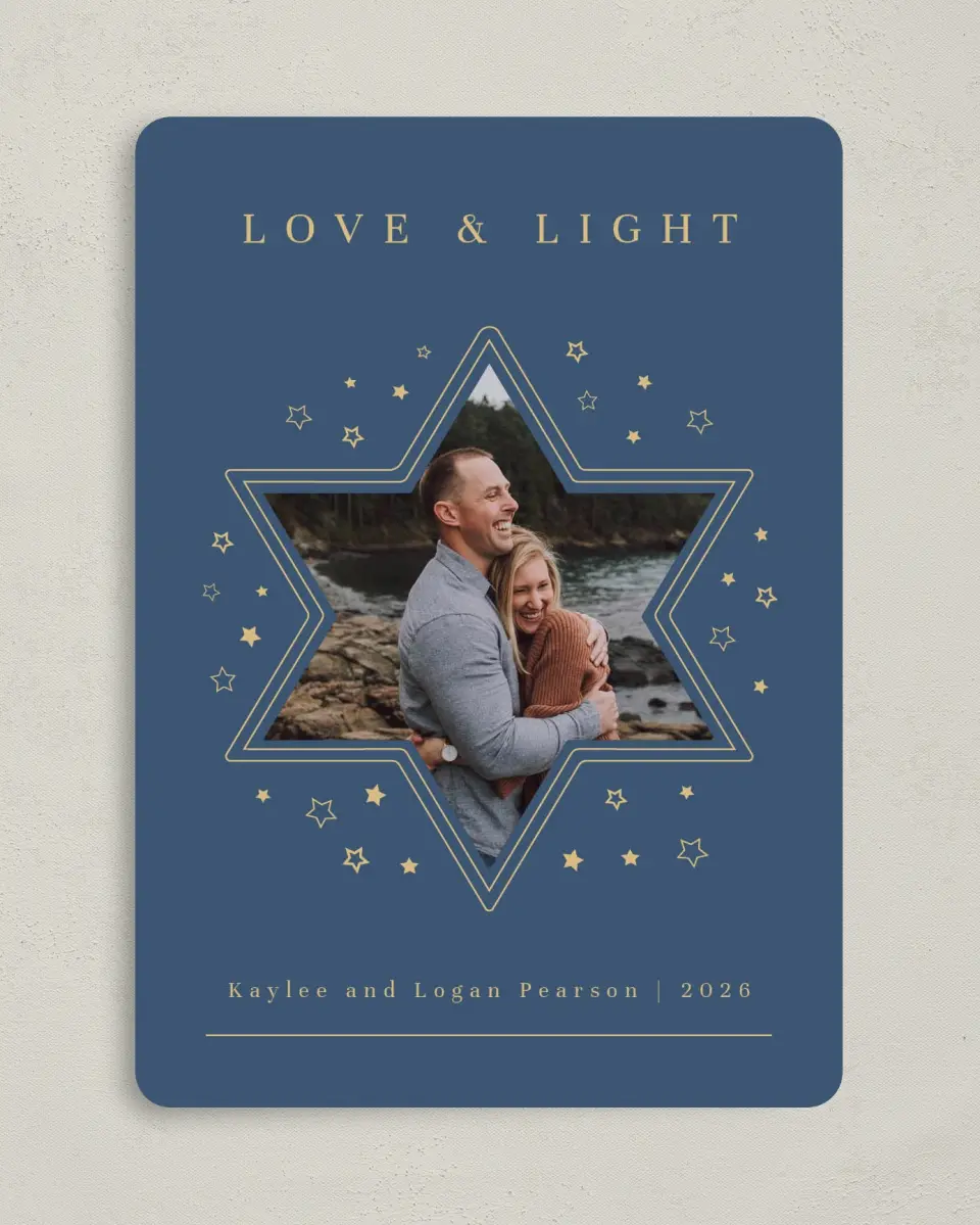 This is a 5" x 7" Hanukkah Card called Graphic Star printed in full color with Gold foil on Luxe Satin (coated) paper