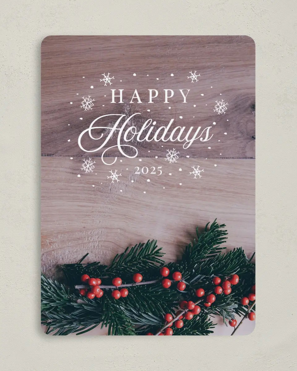 This is a 5" x 7" Christmas Card called Happy Holidays printed in full color on Premium Smooth paper