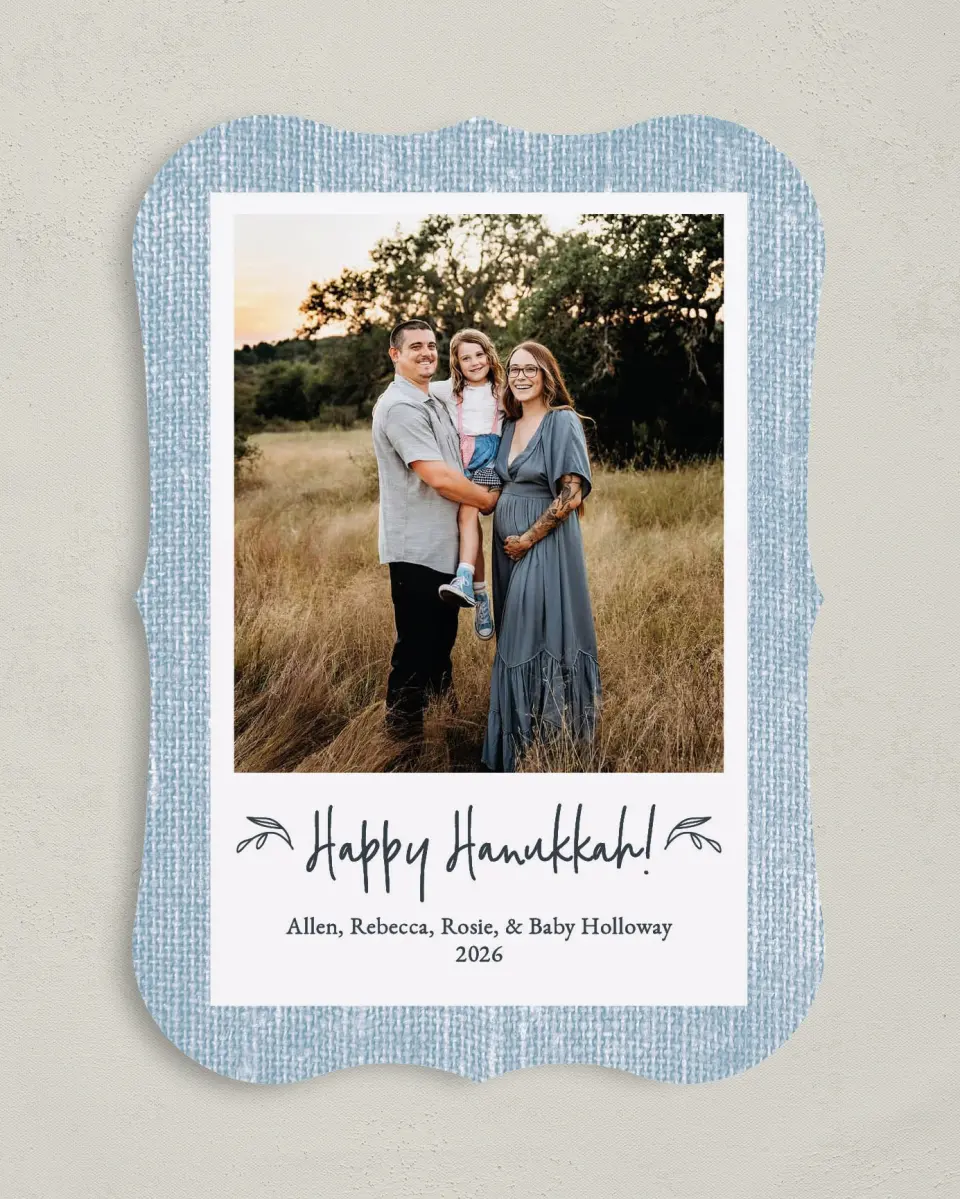 This is a 5" x 7" Hanukkah Card called Burlap Holidays printed in full color on Premium Smooth paper