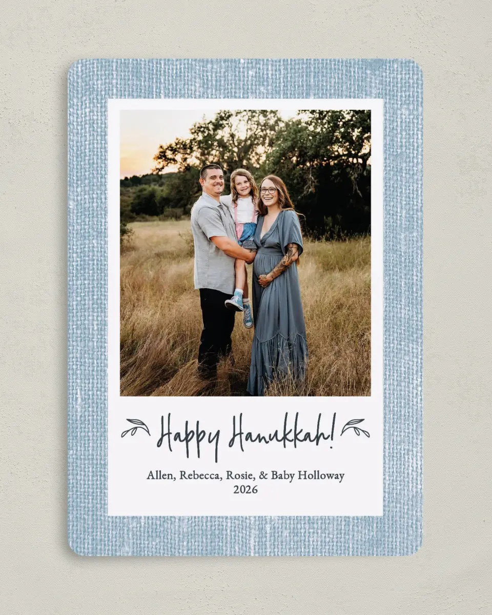 This is a 5" x 7" Hanukkah Card called Burlap Holidays printed in full color with Gold foil on Luxe Satin (coated) paper