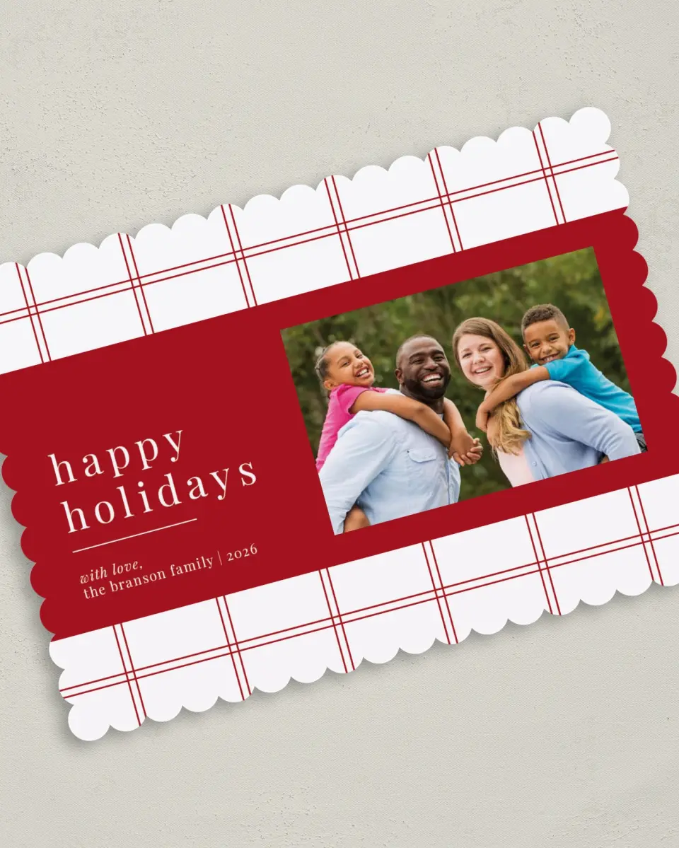 This is a 5" x 7" Christmas Card called Joyous Grid printed in full color on Premium Smooth paper on Premium Smooth paper on Premium Smooth paper