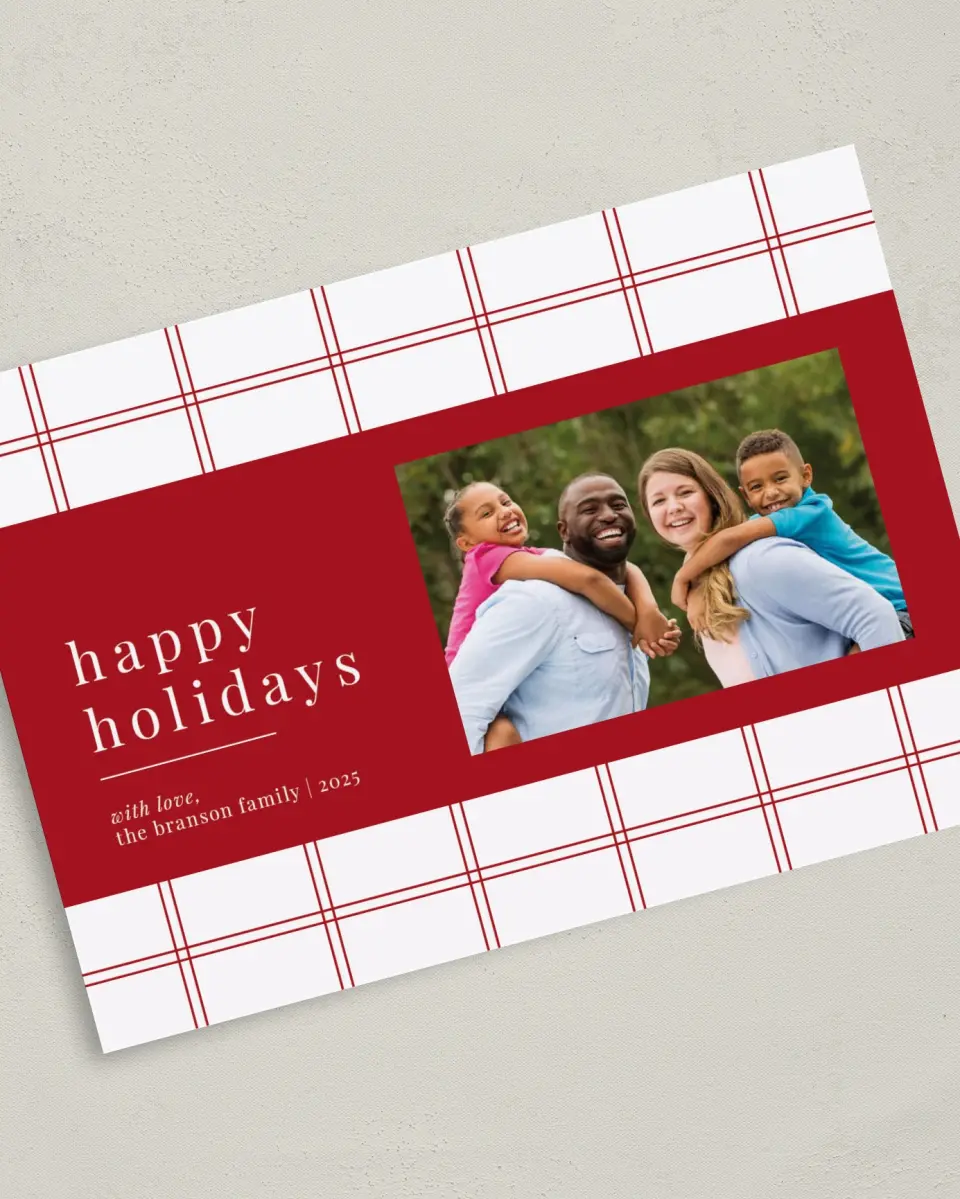 This is a 5" x 7" Christmas Card called Joyous Grid printed in full color on Premium Smooth paper