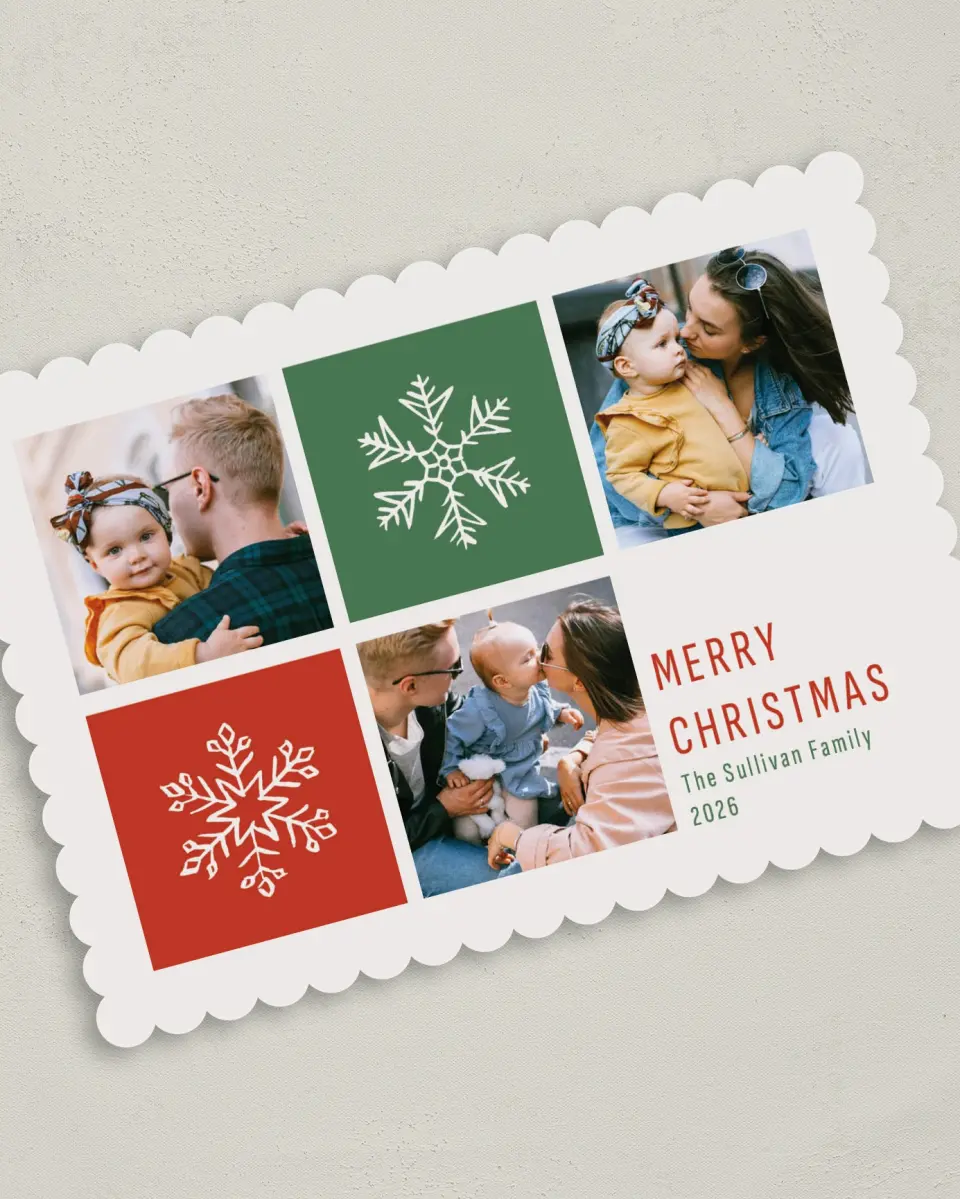 This is a 5" x 7" Christmas Card called Snowflake Spaces printed in full color on Premium Smooth paper on Premium Smooth paper on Premium Smooth paper