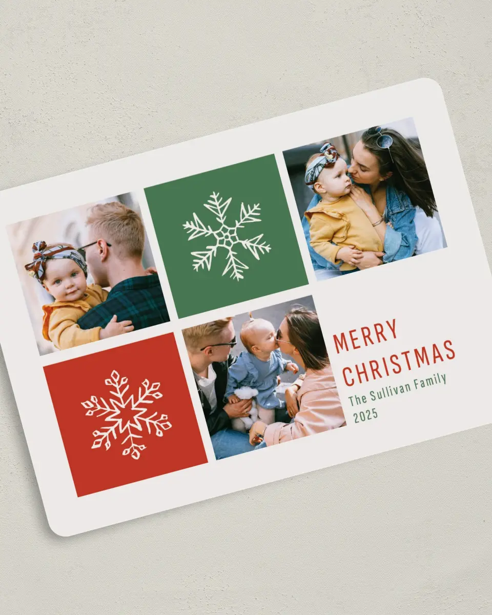 This is a 5" x 7" Christmas Card called Snowflake Spaces printed in full color on Premium Smooth paper