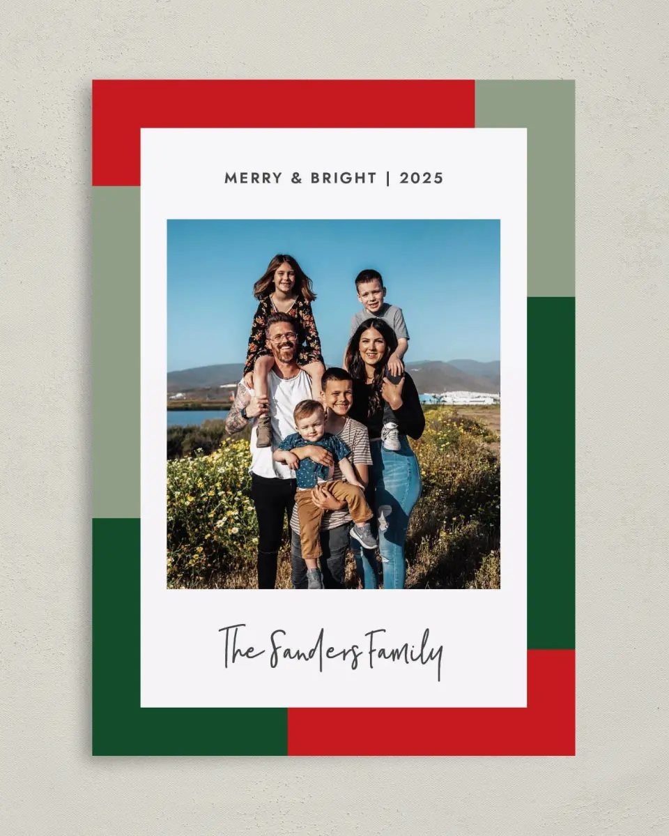 This is a 5" x 7" Christmas Card called Family Frame printed in full color on Premium Smooth paper
