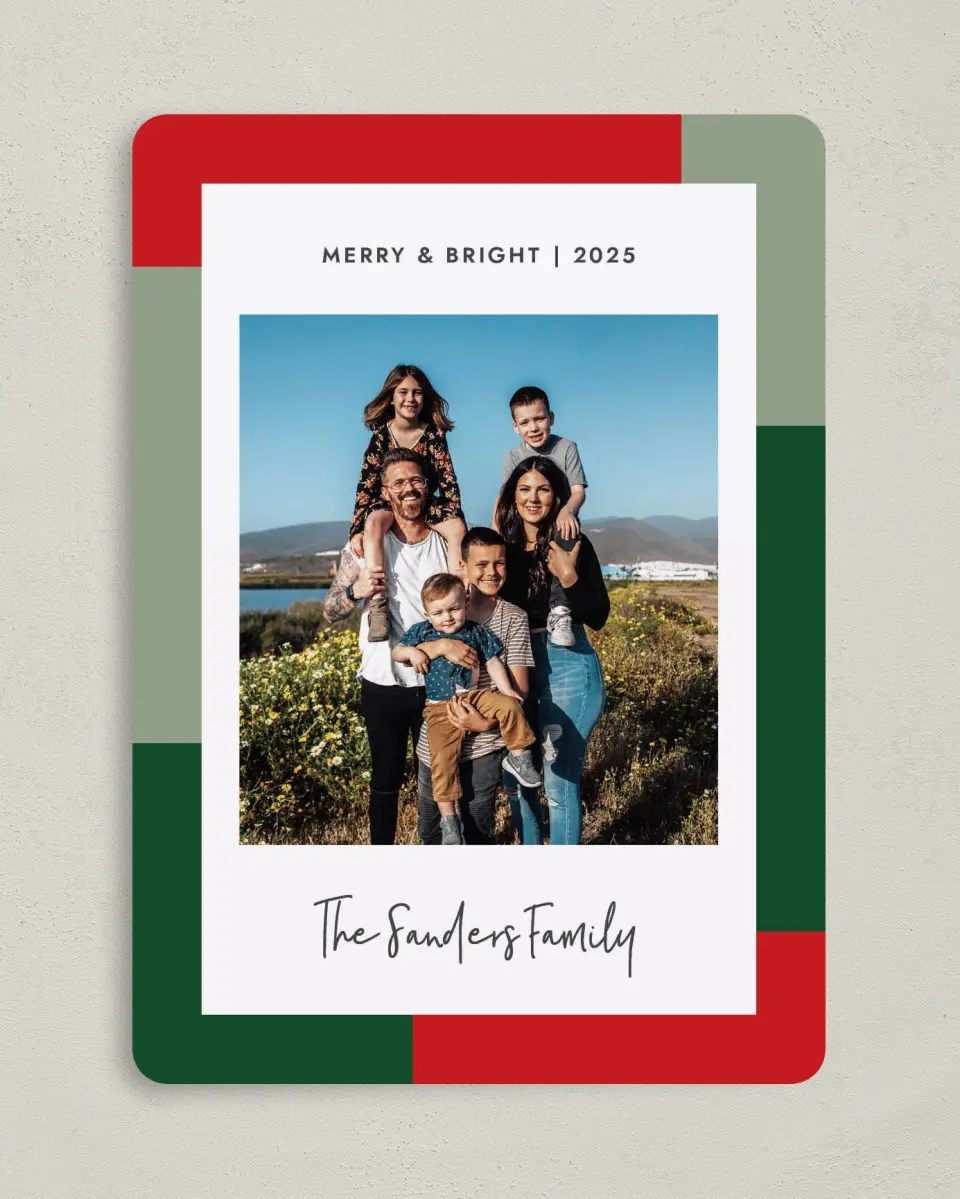 This is a 5" x 7" Christmas Card called Family Frame printed in full color on Premium Smooth paper
