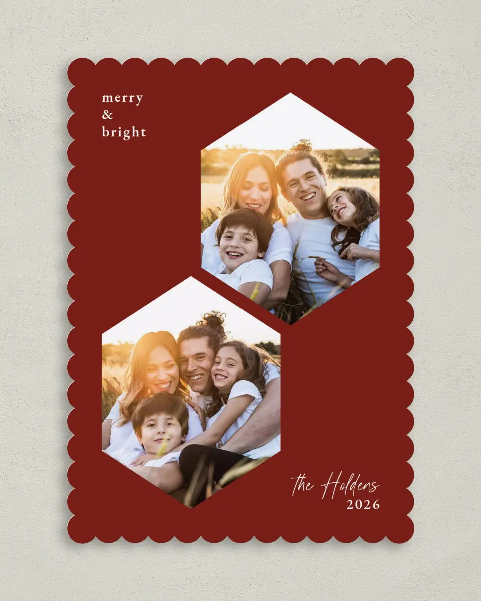 This is a 5" x 7" Christmas Card called Hexagon Holiday printed in full color on Premium Smooth paper on Premium Smooth paper on Premium Smooth paper