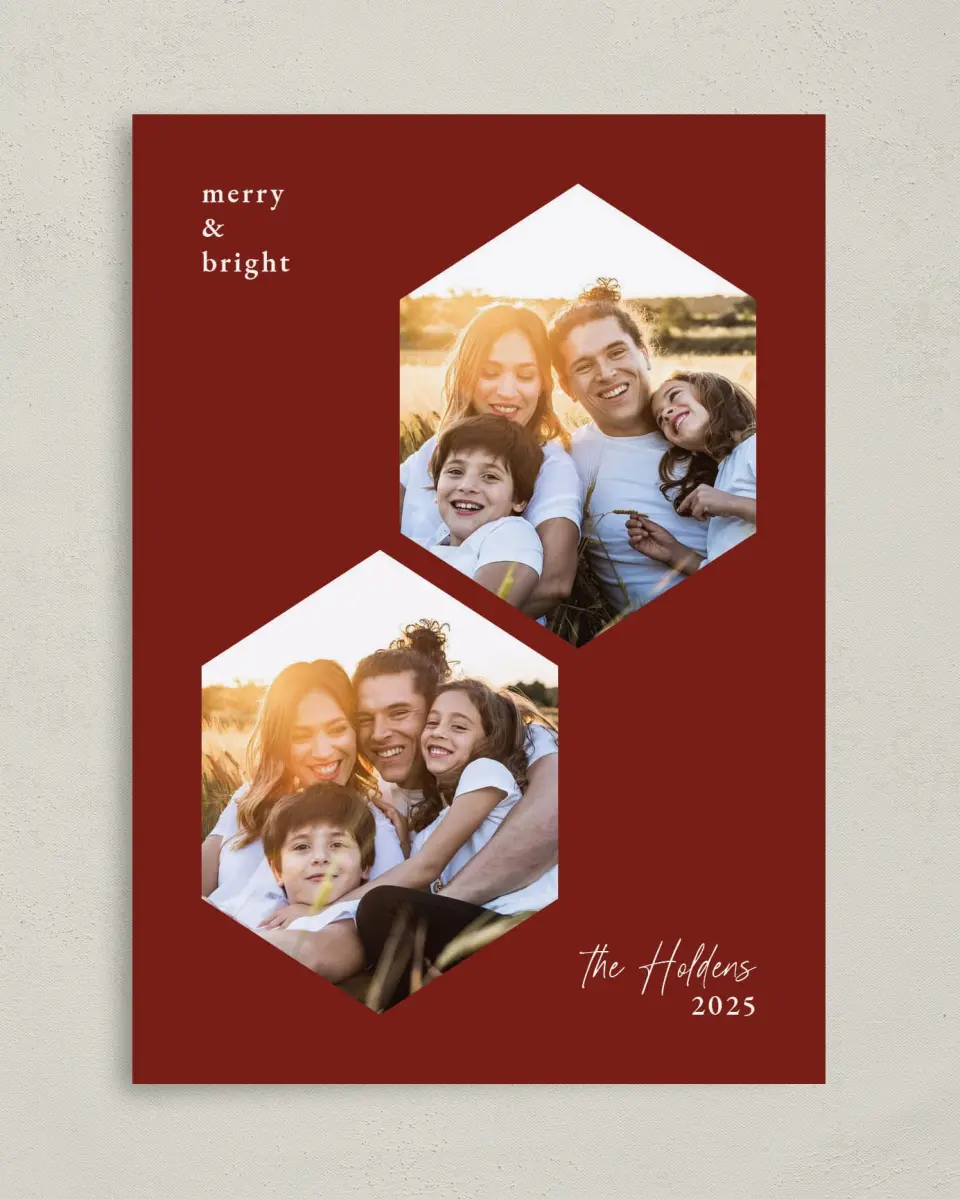 This is a 5" x 7" Christmas Card called Hexagon Holiday printed in full color on Premium Smooth paper