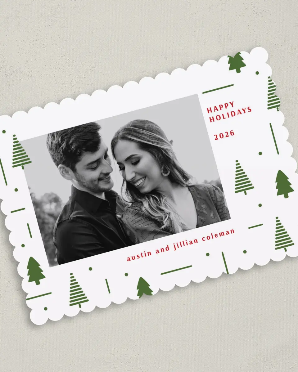 This is a 5" x 7" Christmas Card called Festive Forest printed in full color on Premium Smooth paper on Premium Smooth paper on Premium Smooth paper