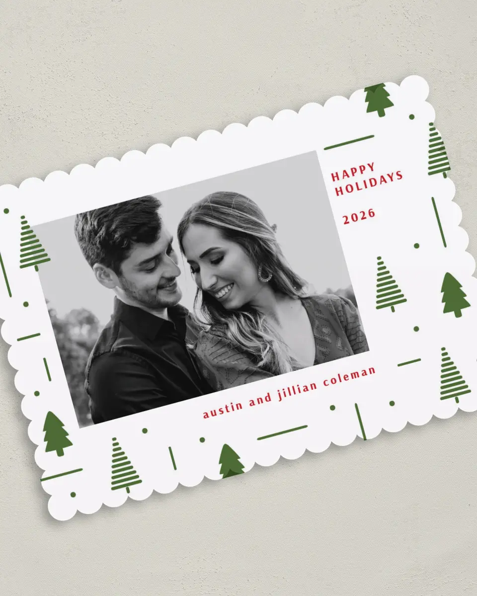 This is a 5" x 7" Christmas Card called Festive Forest printed in full color on Premium Smooth paper on Premium Smooth paper on Premium Smooth paper
