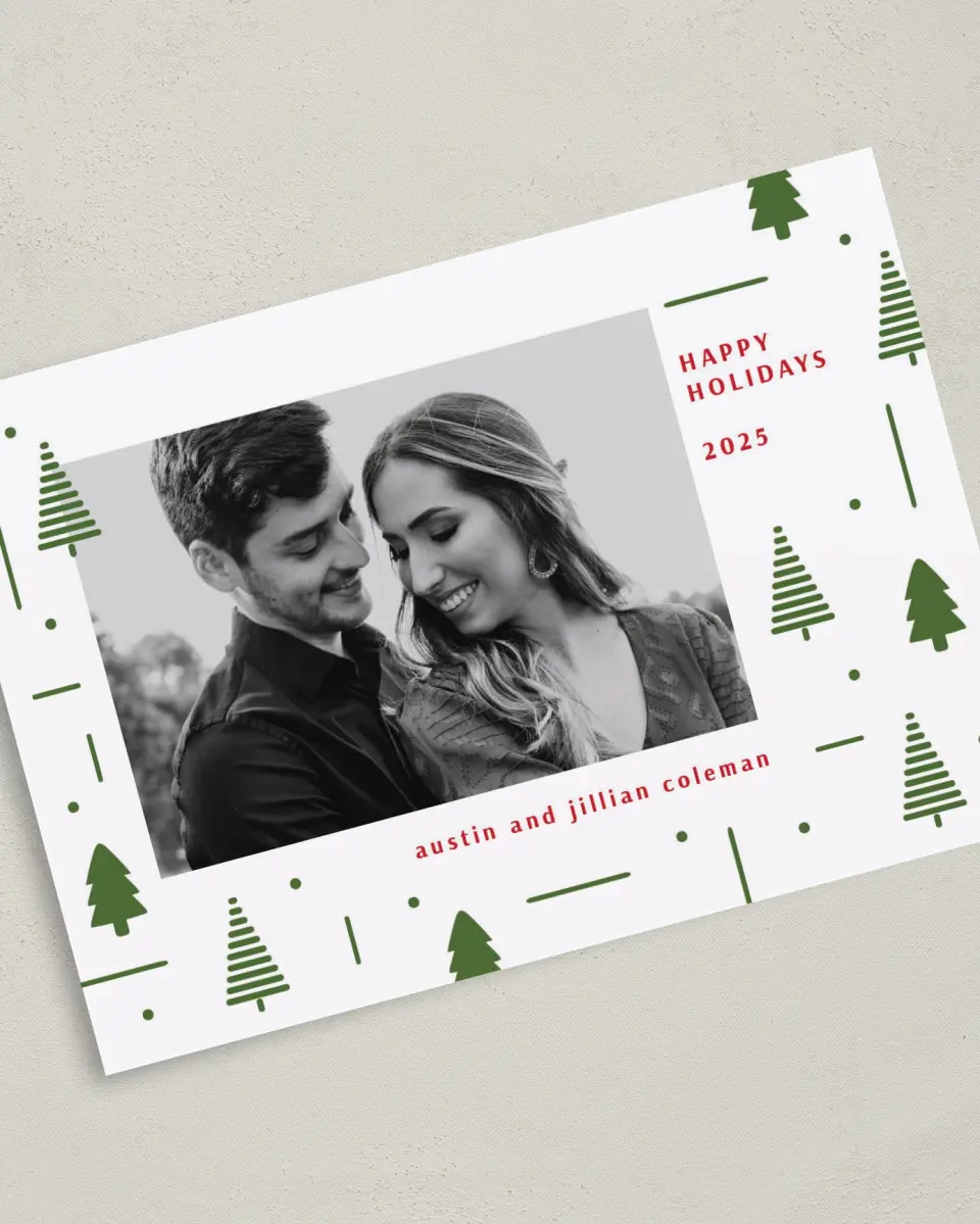 This is a 5" x 7" Christmas Card called Festive Forest printed in full color on Premium Smooth paper