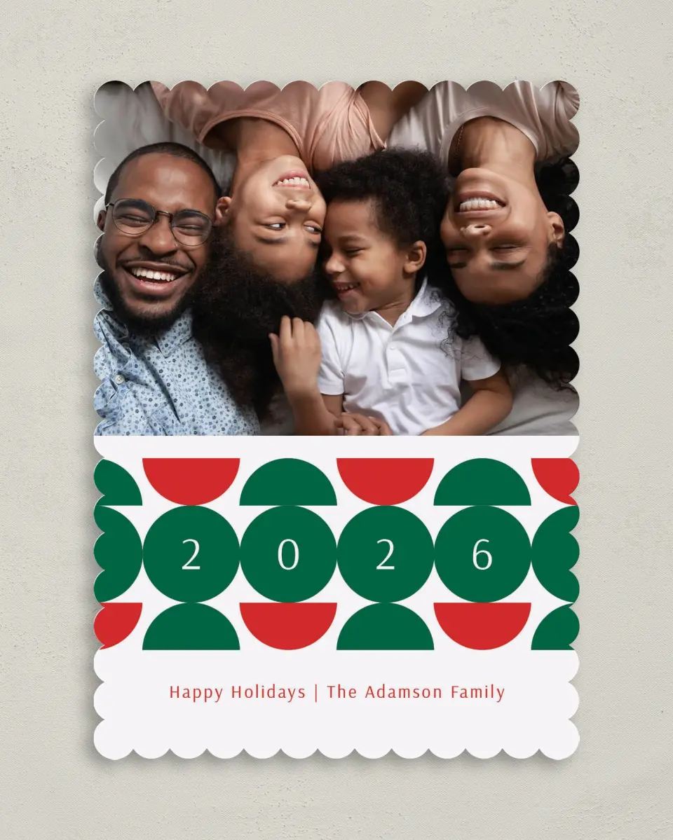 This is a 5" x 7" Christmas Card called Year Circles printed in full color on Premium Smooth paper on Premium Smooth paper on Premium Smooth paper