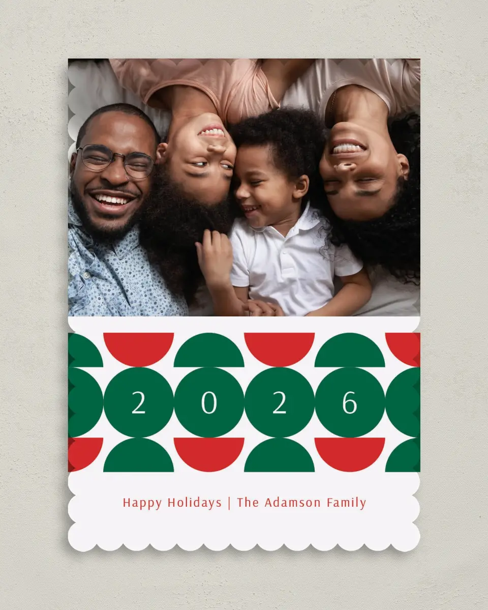 This is a 5" x 7" Christmas Card called Year Circles printed in full color on Premium Smooth paper on Premium Smooth paper on Premium Smooth paper
