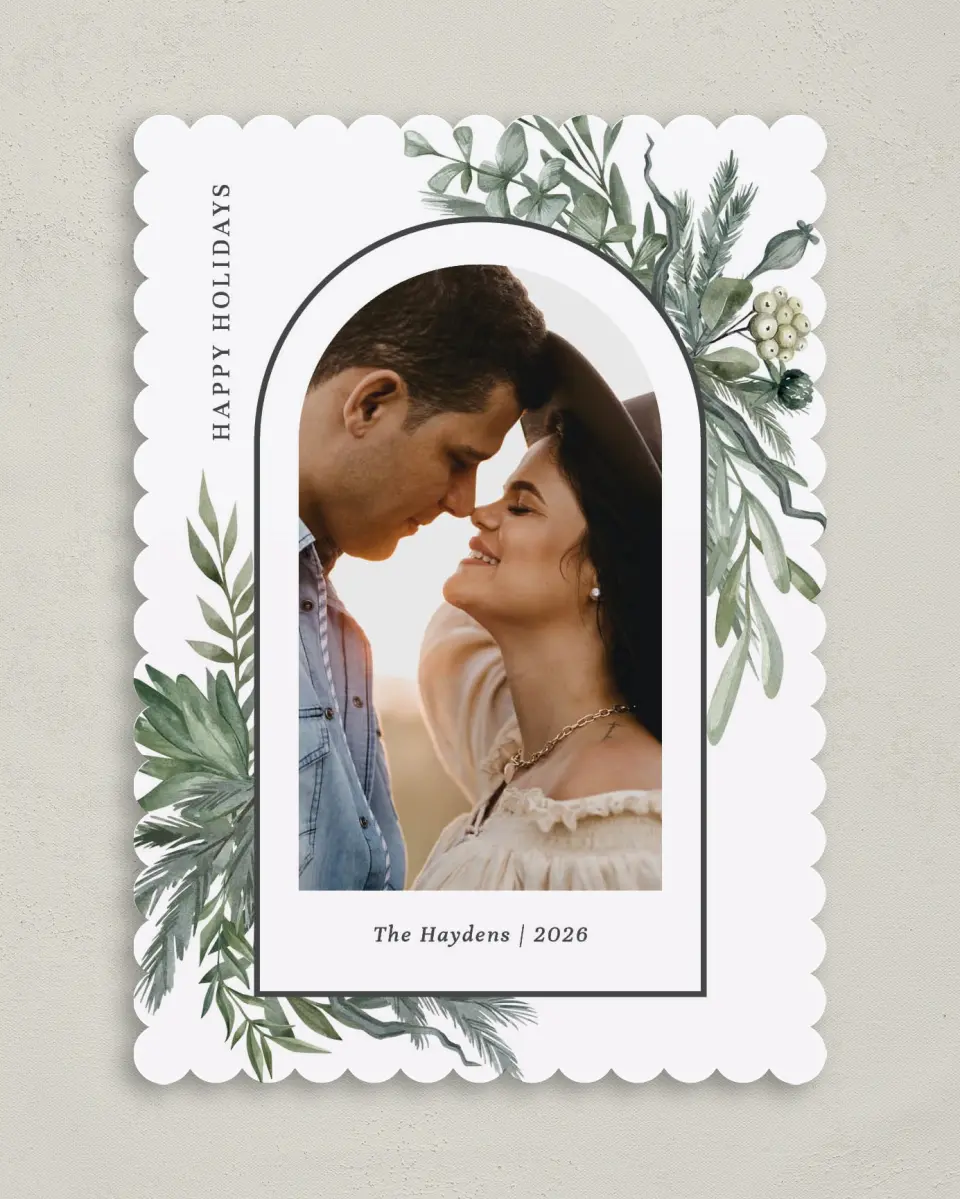 This is a 5" x 7" Christmas Card called Greenery Greetings printed in full color on Premium Smooth paper on Premium Smooth paper on Premium Smooth paper