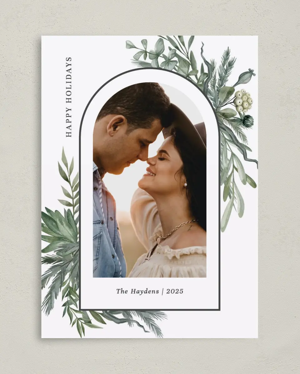 This is a 5" x 7" Christmas Card called Greenery Greetings printed in full color on Premium Smooth paper