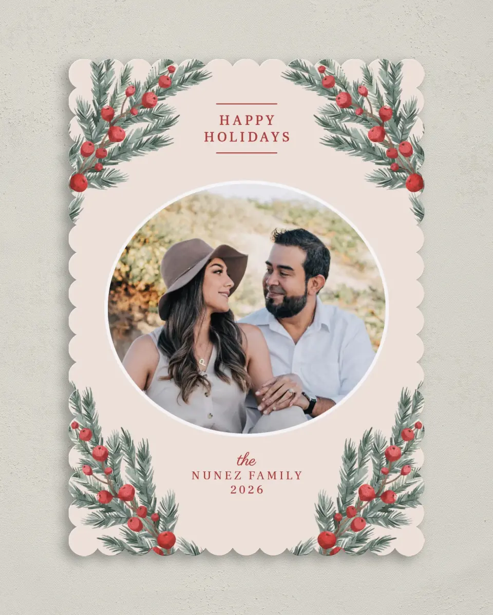 This is a 5" x 7" Christmas Card called Fruitful Garland printed in full color on Premium Smooth paper on Premium Smooth paper on Premium Smooth paper