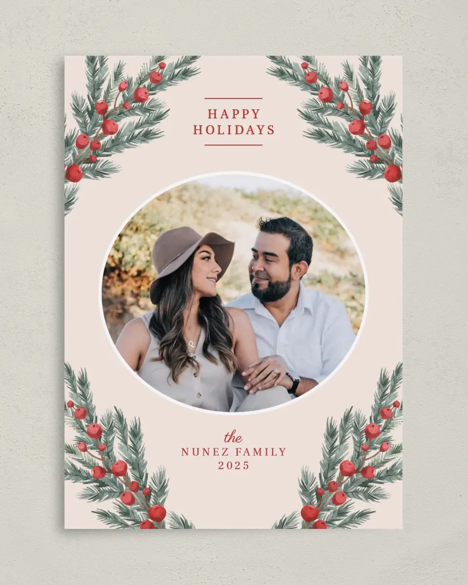 This is a 5" x 7" Christmas Card called Fruitful Garland printed in full color on Premium Smooth paper