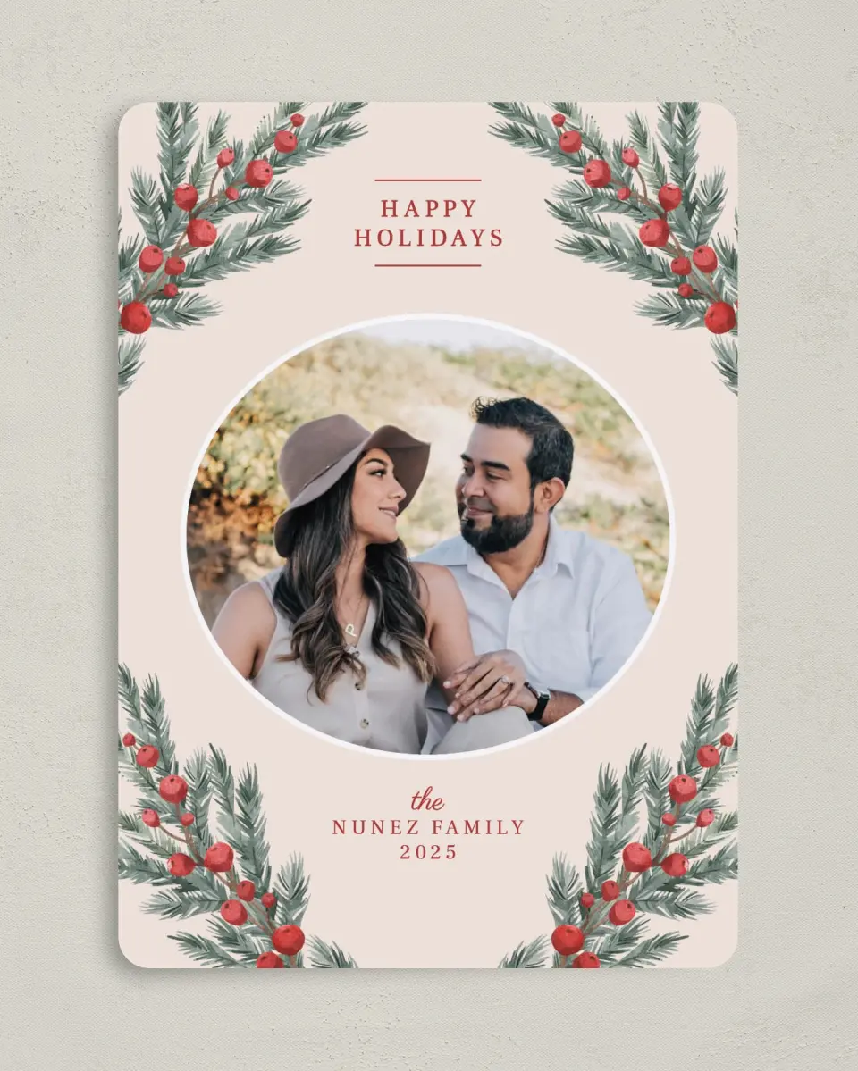 This is a 5" x 7" Christmas Card called Fruitful Garland printed in full color on Premium Smooth paper