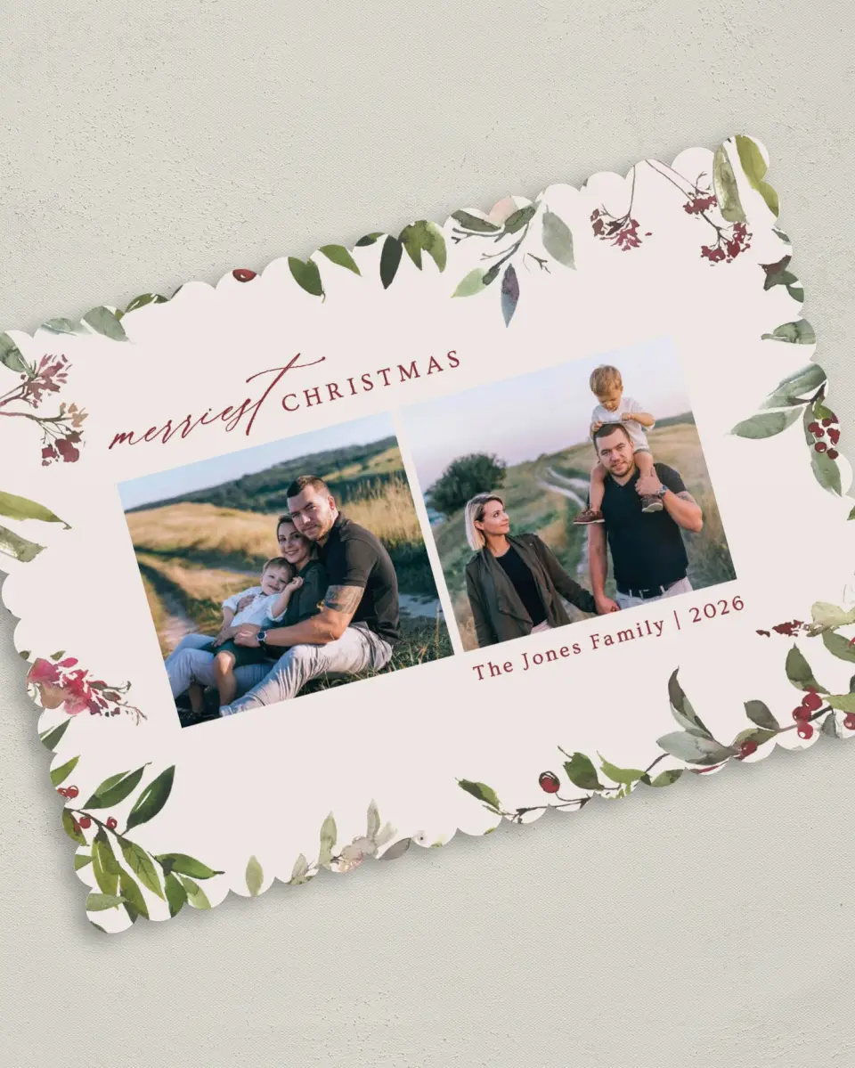 This is a 5" x 7" Christmas Card called Cheery Surround printed in full color on Premium Smooth paper on Premium Smooth paper on Premium Smooth paper