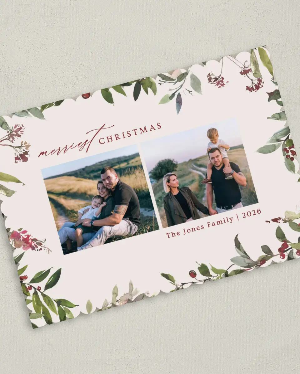 This is a 5" x 7" Christmas Card called Cheery Surround printed in full color on Premium Smooth paper on Premium Smooth paper on Premium Smooth paper