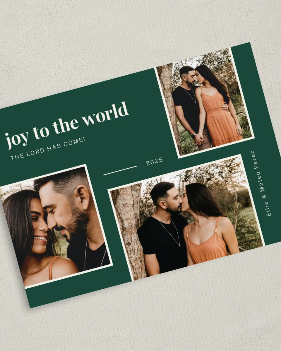 This is a 5" x 7" Christmas Card called Joy Comes printed in full color on Premium Smooth paper