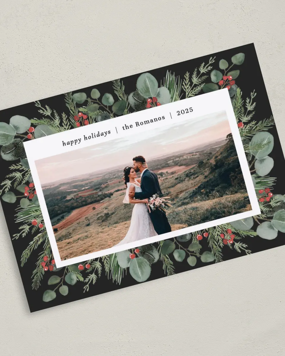 This is a 5" x 7" Christmas Card called Laurel Crown printed in full color on Premium Smooth paper
