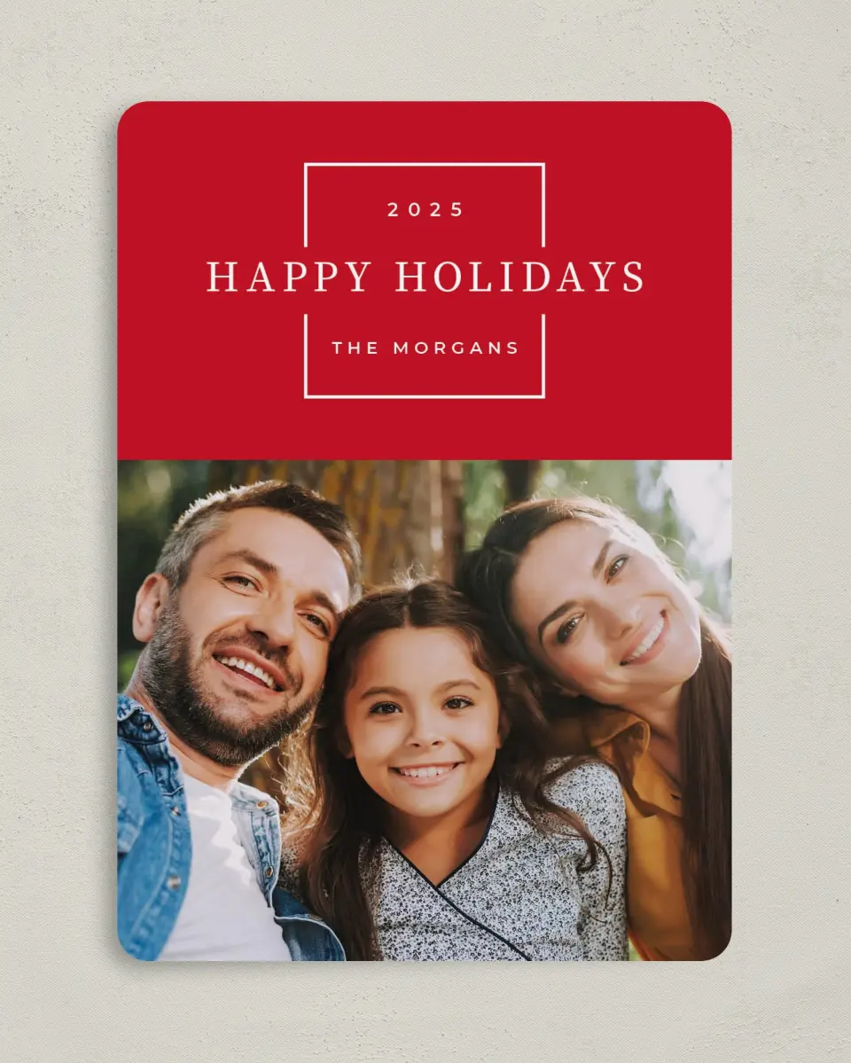 This is a 5" x 7" Christmas Card called Slim Square printed in full color on Premium Smooth paper