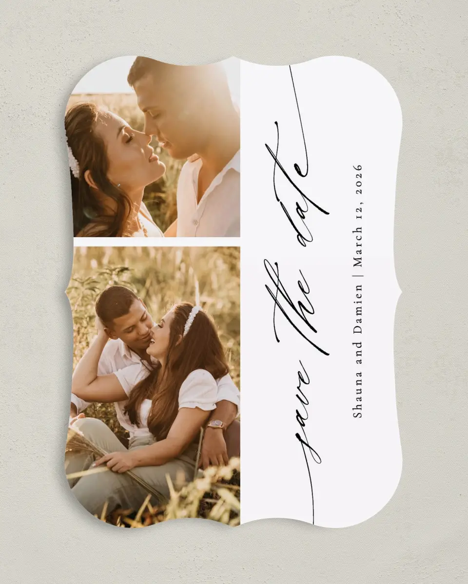 This is a 5" x 7" Save the Date Card called Special Script printed in full color on Premium Smooth paper
