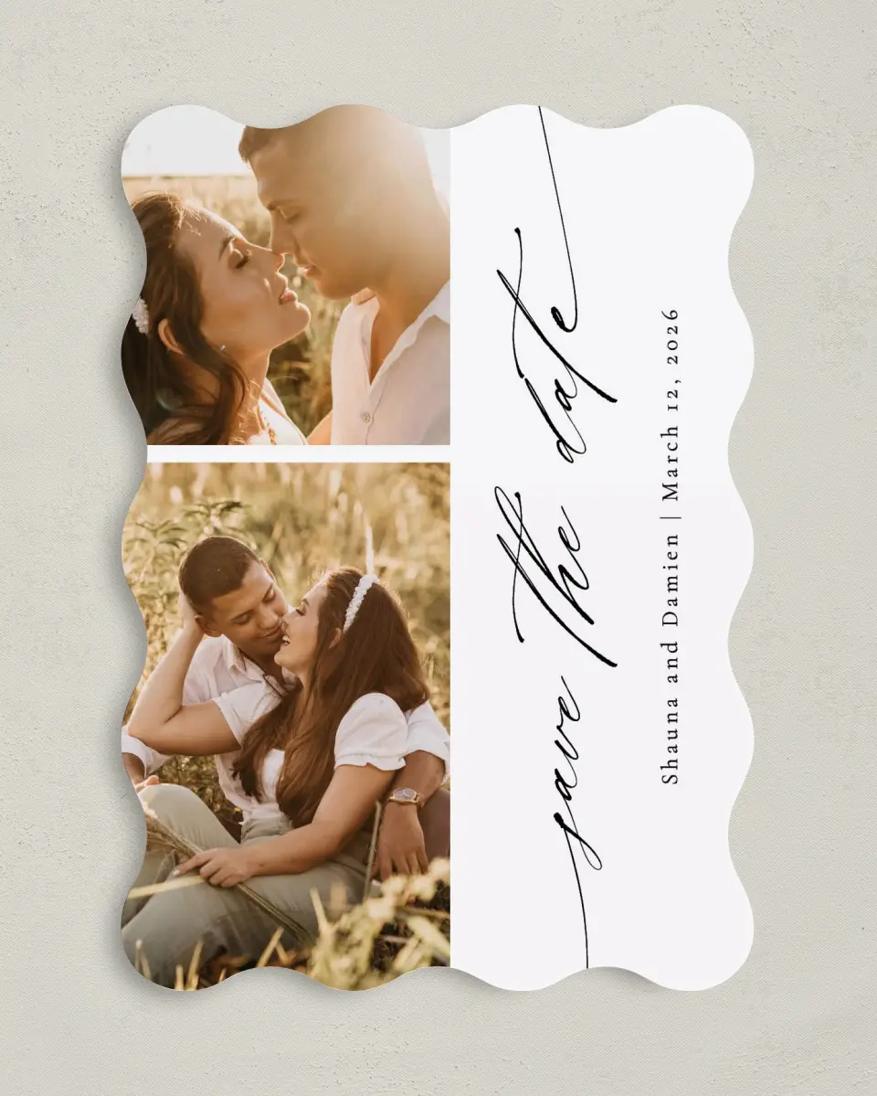 This is a 5" x 7" Save the Date Card called Special Script printed in full color on Premium Smooth paper