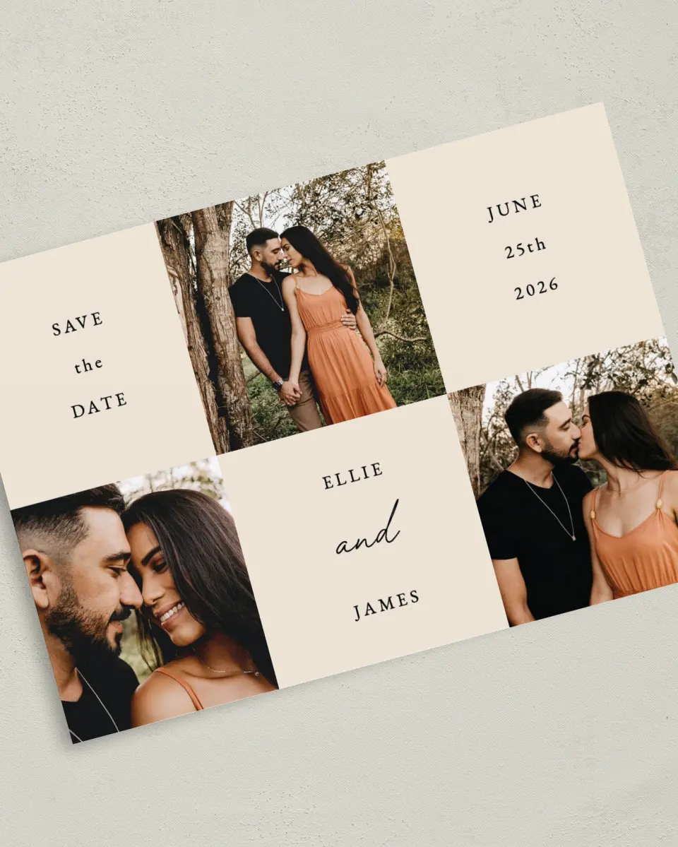 This is a 5" x 7" Save the Date Card called Quiet Affection printed in full color on Premium Smooth paper