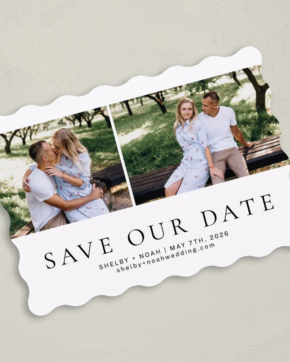 This is a 5" x 7" Save the Date Card called Grand Devotion printed in full color on Premium Smooth paper