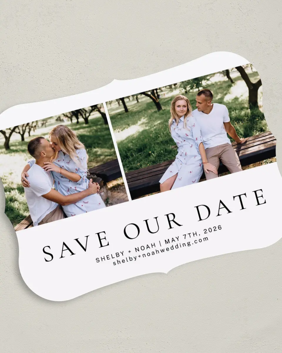 This is a 5" x 7" Save the Date Card called Grand Devotion printed in full color on Premium Smooth paper
