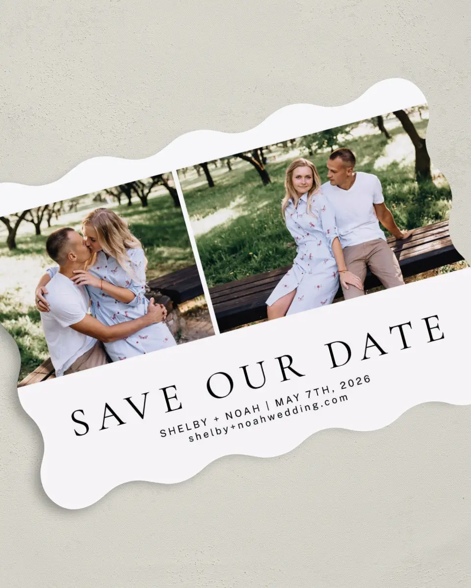 This is a 5" x 7" Save the Date Card called Grand Devotion printed in full color on Premium Smooth paper