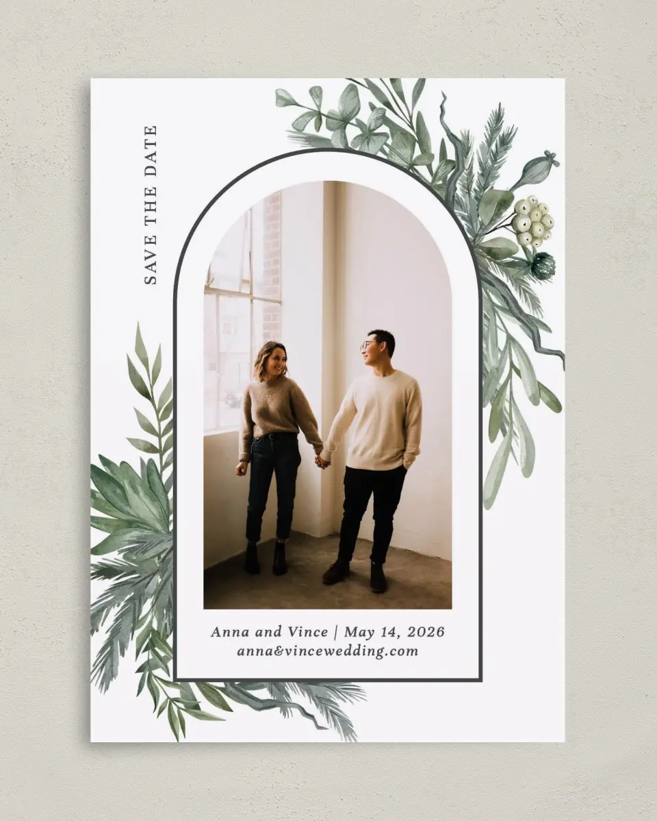 This is a 5" x 7" Save the Date Card called Greenery Arch printed in full color on Premium Smooth paper