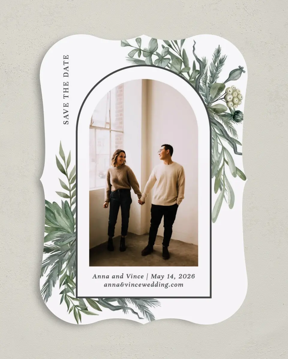 This is a 5" x 7" Save the Date Card called Greenery Arch printed in full color on Premium Smooth paper