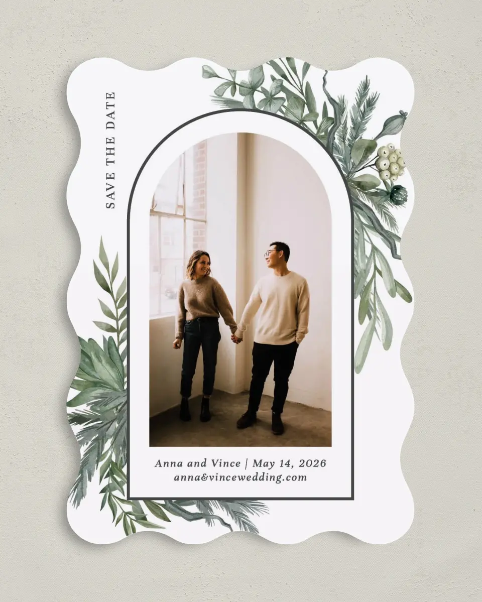 This is a 5" x 7" Save the Date Card called Greenery Arch printed in full color on Premium Smooth paper