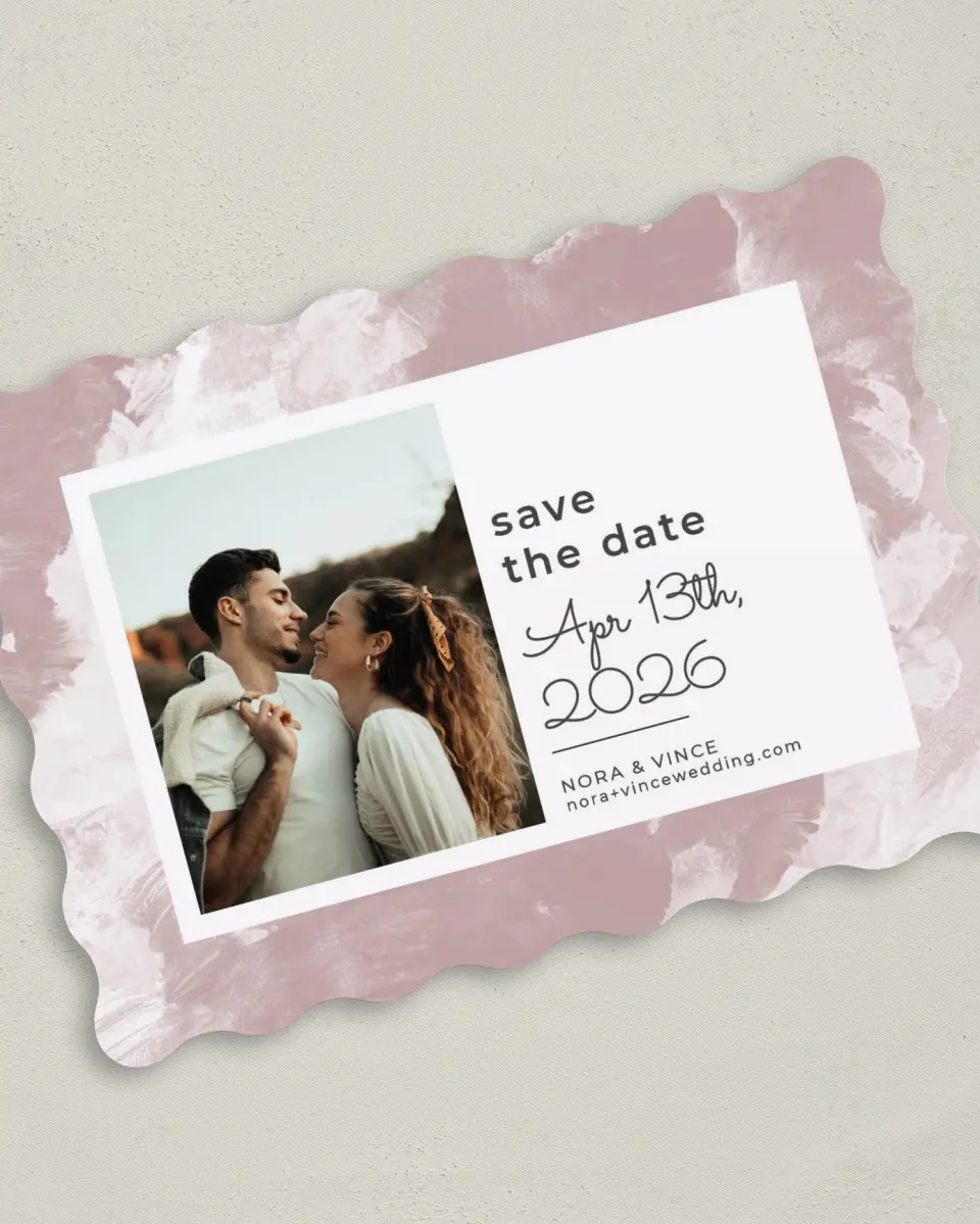 This is a 5" x 7" Save the Date Card called Painted Passion printed in full color on Premium Smooth paper