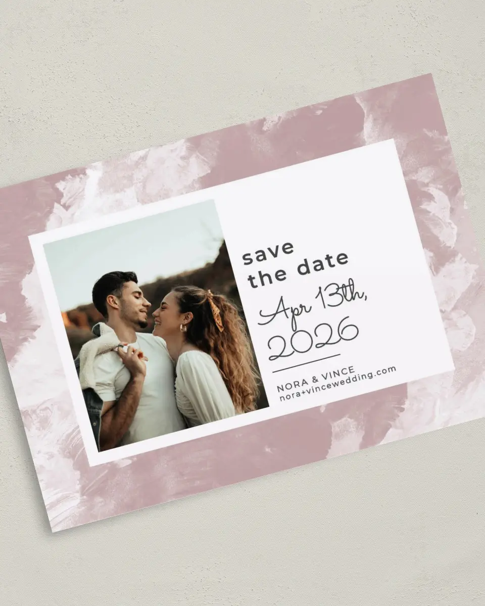 This is a 5" x 7" Save the Date Card called Painted Passion printed in full color on Premium Smooth paper